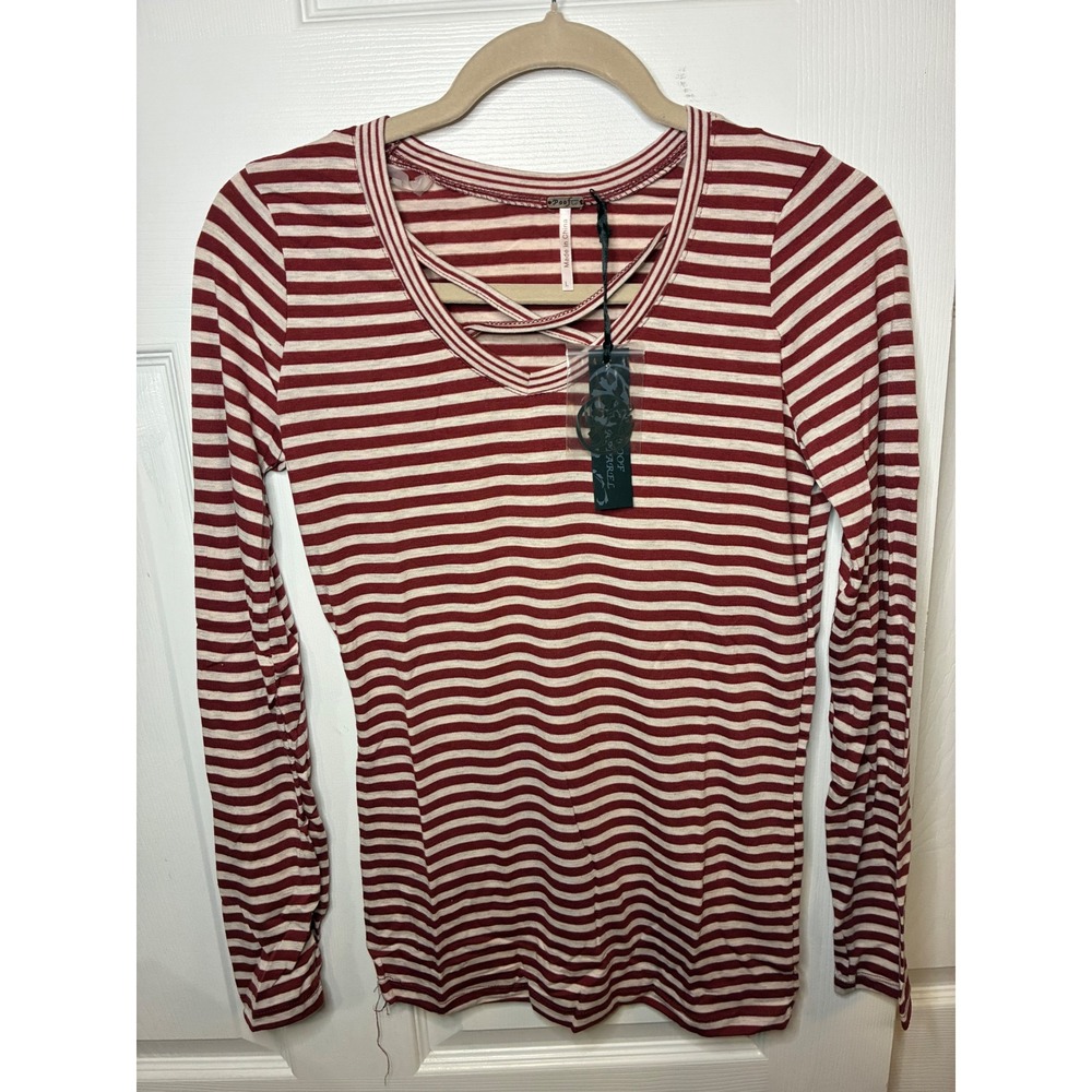 Poof Apparel Womens Burgundy Cream Striped Strappy V-Neck Long Sleeve Top Large